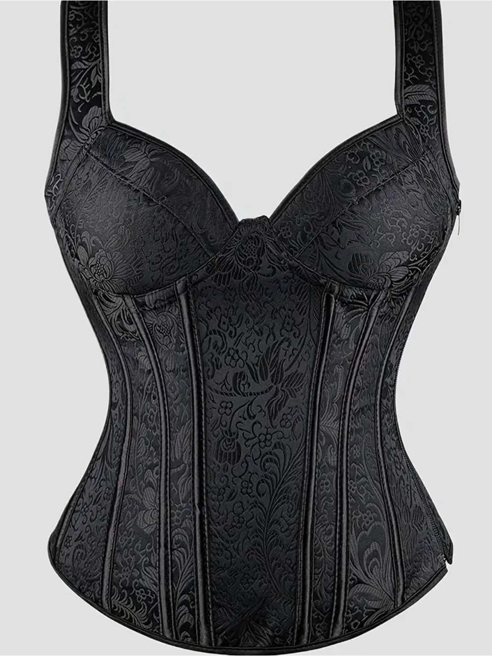 Black 2X  Floral Brocade Longline Corset Bustier Zipper and Lace Up New